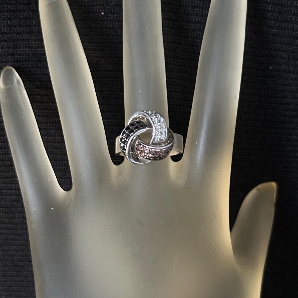 925 Sterling Silver Sophisticated  Pink, White and Black Zirconia Knot Ring